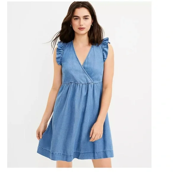 LOFT Dresses Loft Chambray Ruffle Sleeve Crossover Dress